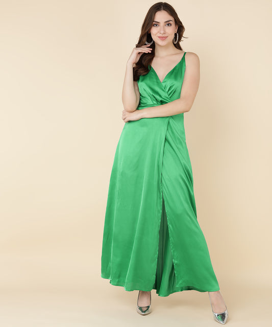 Glam Green Satin Wrap Gown Dress for Evening Party