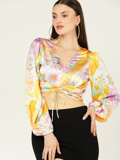 Women's Satin Floral Print V-Neck Crop Top with Drawstring Detail