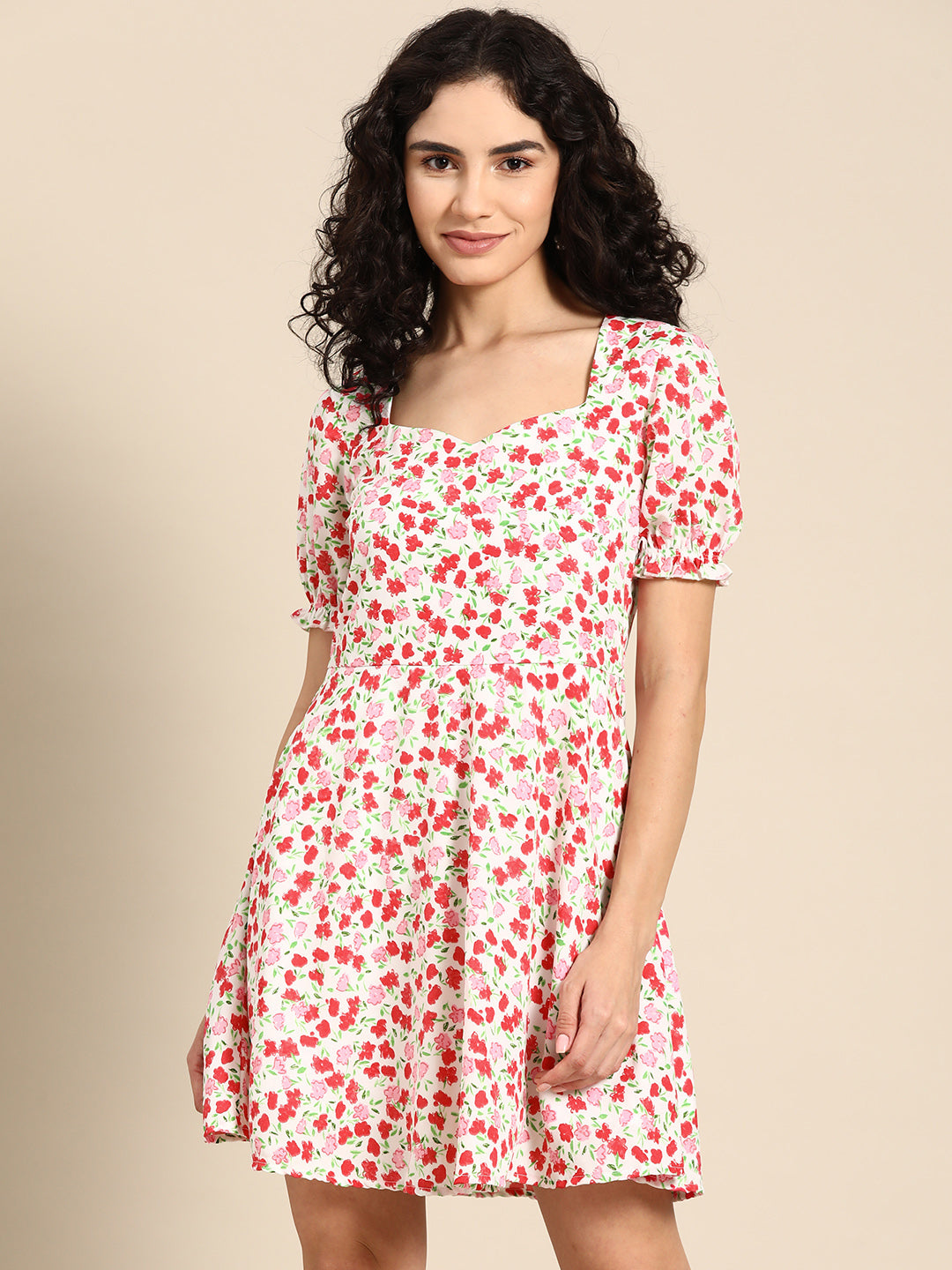 Floral Print Fit and Flare Mini Dress with Puff Sleeves