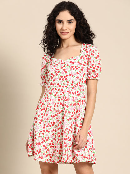 Floral Print Fit and Flare Mini Dress with Puff Sleeves