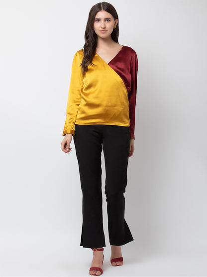 Stylish Satin Color-Block Top for Women | Trendy V-Neck Blouse in Yellow and Burgundy