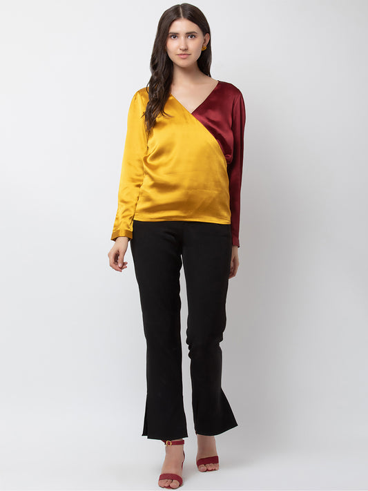 Stylish Satin Color-Block Top for Women | Trendy V-Neck Blouse in Yellow and Burgundy