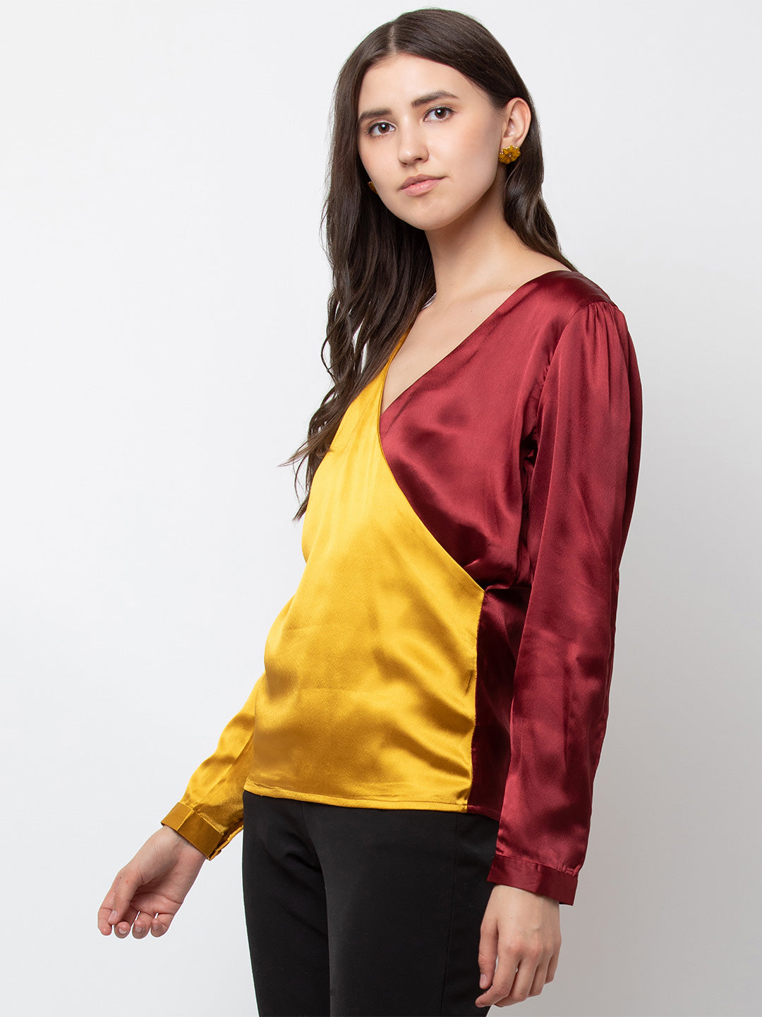 Stylish Satin Color-Block Top for Women | Trendy V-Neck Blouse in Yellow and Burgundy