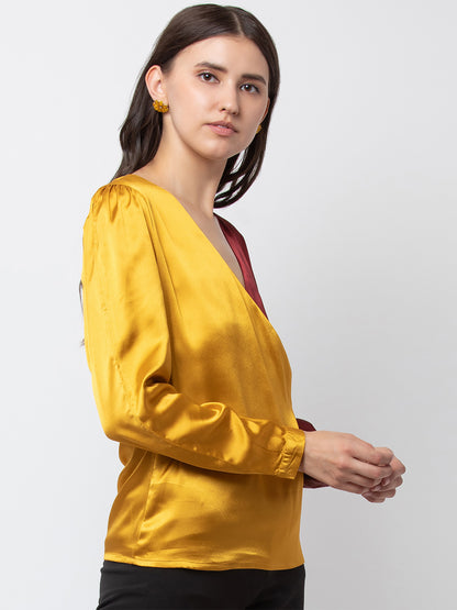 Stylish Satin Color-Block Top for Women | Trendy V-Neck Blouse in Yellow and Burgundy