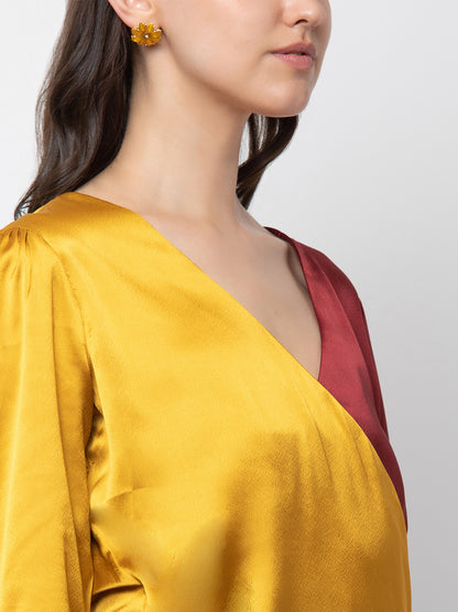 Stylish Satin Color-Block Top for Women | Trendy V-Neck Blouse in Yellow and Burgundy