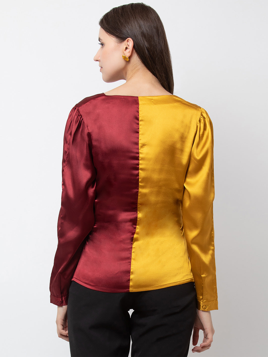 Stylish Satin Color-Block Top for Women | Trendy V-Neck Blouse in Yellow and Burgundy