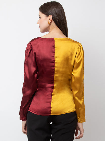 Stylish Satin Color-Block Top for Women | Trendy V-Neck Blouse in Yellow and Burgundy