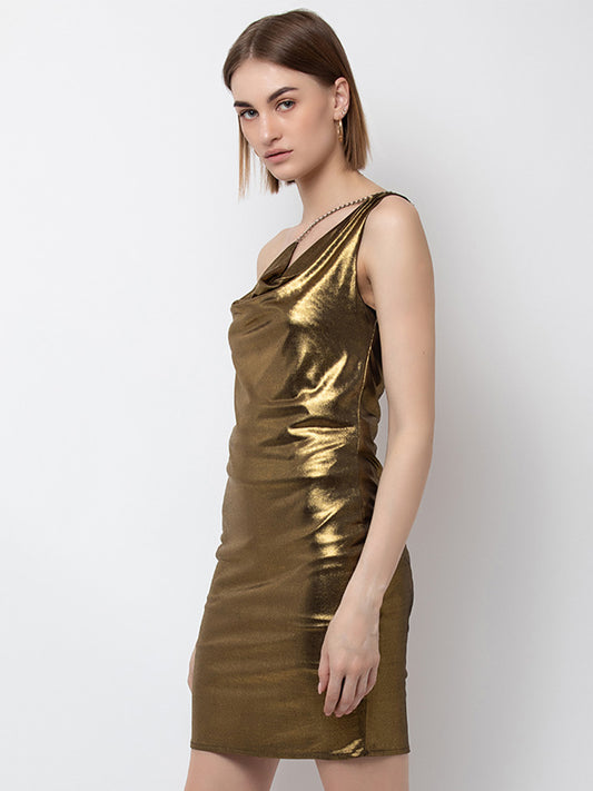 Gold One Shoulder Bodycon Mini Dress for Women | Metallic Party Dress