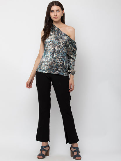 Snake Print One-Shoulder Satin Top with Long Sleeve for Women