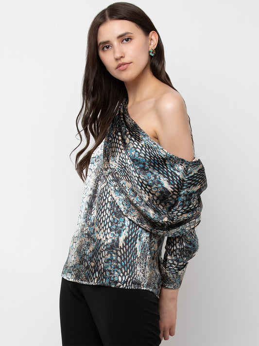 Snake Print One-Shoulder Satin Top with Long Sleeve for Women