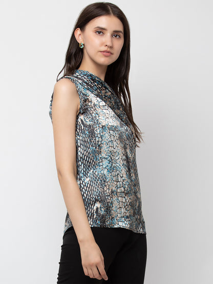 Snake Print One-Shoulder Satin Top with Long Sleeve for Women