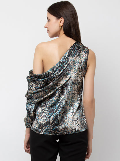 Snake Print One-Shoulder Satin Top with Long Sleeve for Women