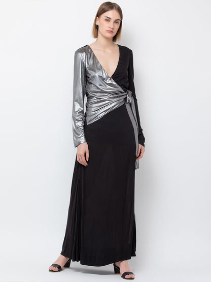 Black and Silver Metallic Wrap Maxi Dress with Deep V-Neck and Long Sleeves