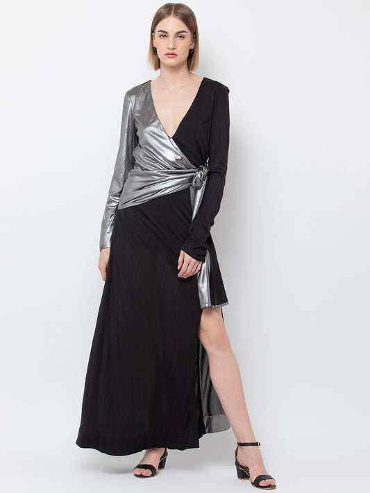 Black and Silver Metallic Wrap Maxi Dress with Deep V-Neck and Long Sleeves