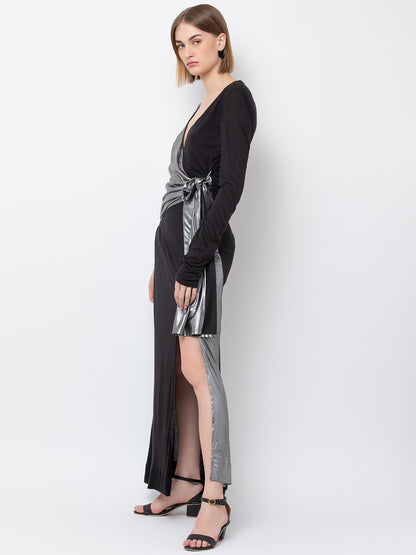 Black and Silver Metallic Wrap Maxi Dress with Deep V-Neck and Long Sleeves