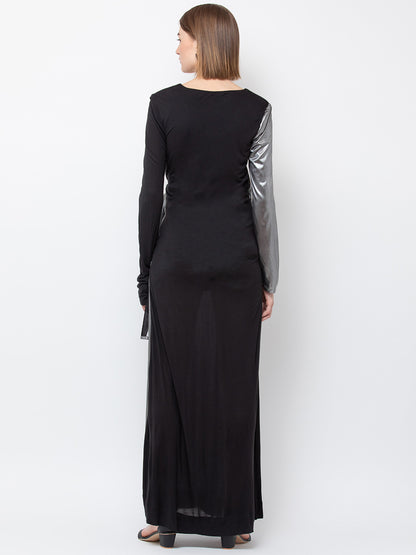 Black and Silver Metallic Wrap Maxi Dress with Deep V-Neck and Long Sleeves