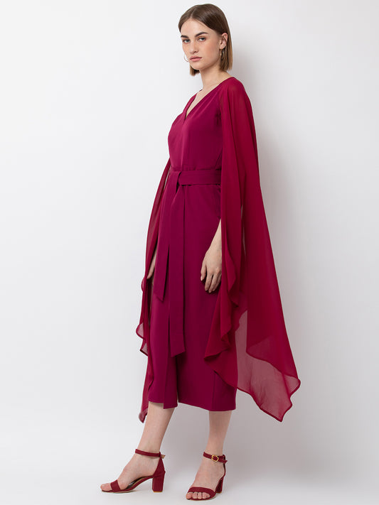 Magenta Cape Sleeve Midi Dress for Women | Elegant V-Neck Belted Dress