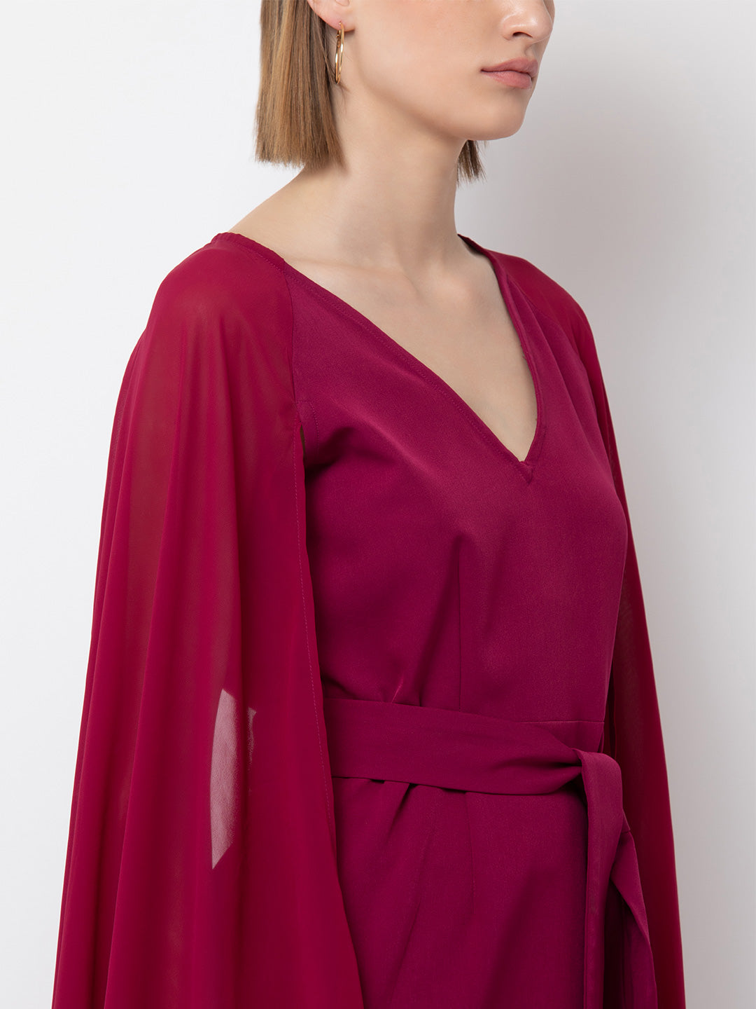 Magenta Cape Sleeve Midi Dress for Women | Elegant V-Neck Belted Dress