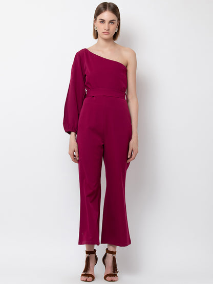 Chic One-Shoulder Fuchsia Jumpsuit with Bell Sleeve for Women