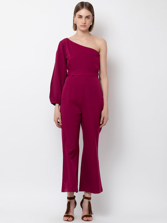 Chic One-Shoulder Fuchsia Jumpsuit with Bell Sleeve for Women