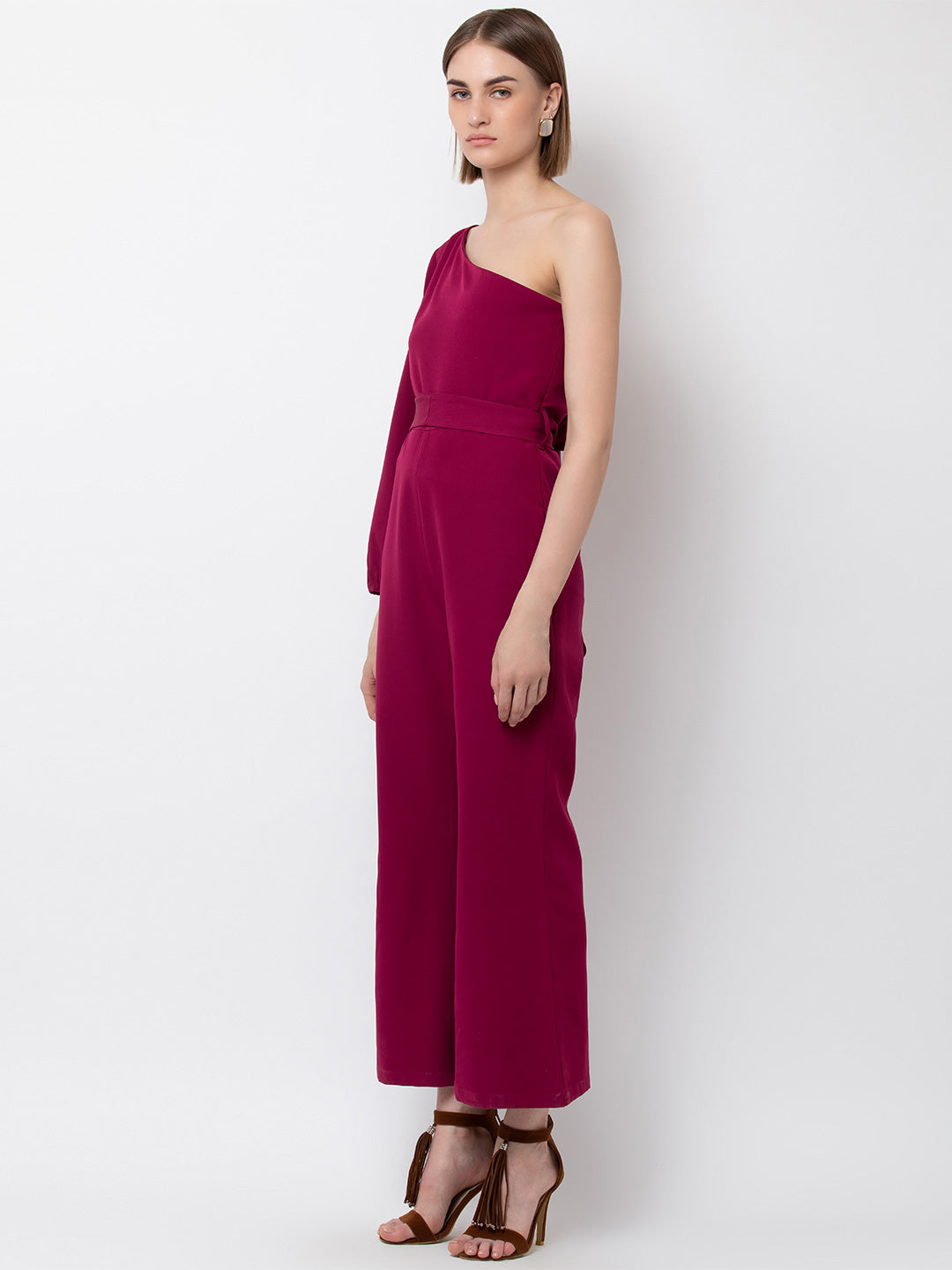 Chic One-Shoulder Fuchsia Jumpsuit with Bell Sleeve for Women