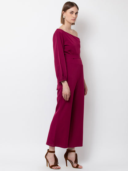 Chic One-Shoulder Fuchsia Jumpsuit with Bell Sleeve for Women