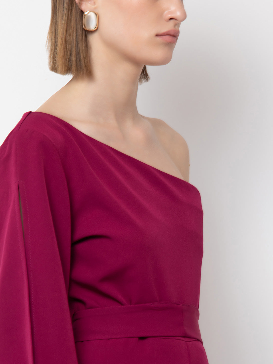 Chic One-Shoulder Fuchsia Jumpsuit with Bell Sleeve for Women