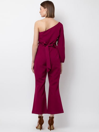 Chic One-Shoulder Fuchsia Jumpsuit with Bell Sleeve for Women