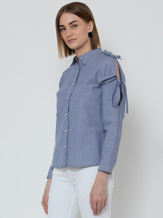 Blue Striped Cold Shoulder Shirt for Women with Tie Sleeve Detail