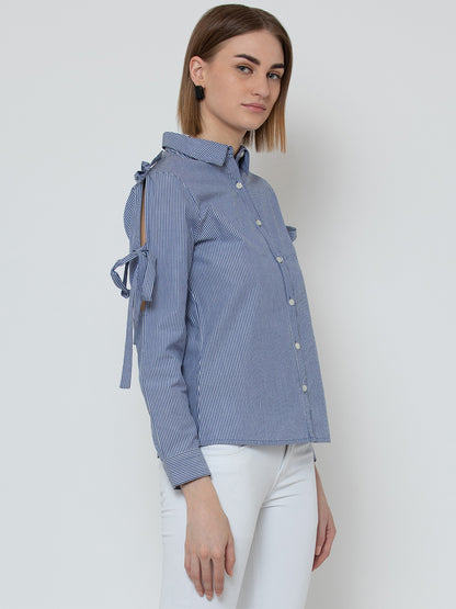Blue Striped Cold Shoulder Shirt for Women with Tie Sleeve Detail