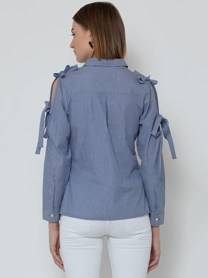 Blue Striped Cold Shoulder Shirt for Women with Tie Sleeve Detail