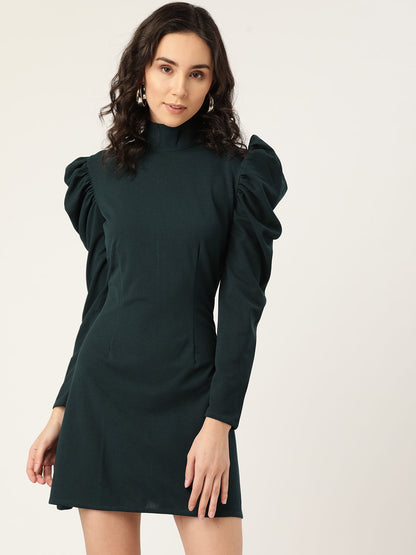 Dark Green High Neck Puff Sleeve Mini Dress