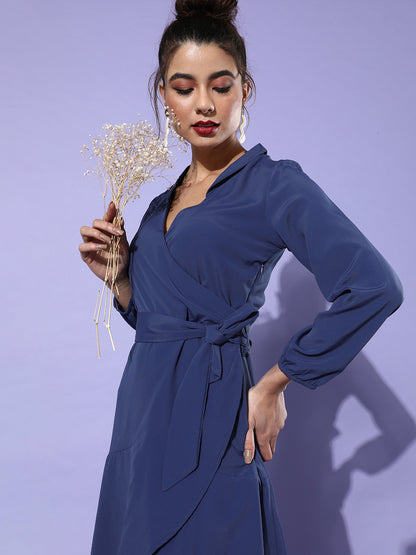 Solid Navy Blue Wrap Dress Elegant Long Sleeve Mini for Work & Evenings