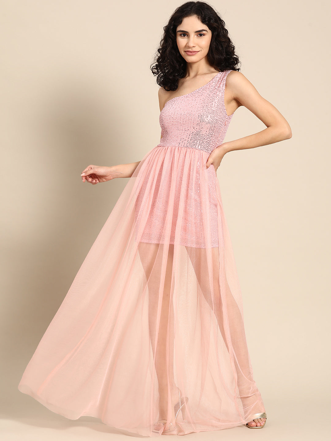 Baby Pink One-Shoulder Sequin Net Overlay Party Dress