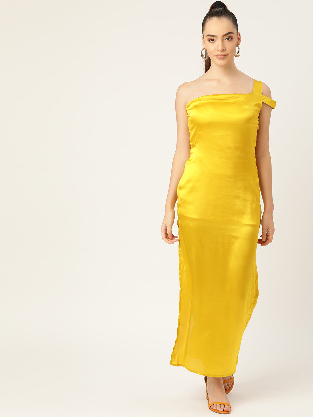 Women Yellow Satin One Shoulder Maxi Dress Elegant Evening Wear