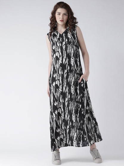 Women's Black and White Abstract Print Sleeveless Shirt Dress with Collar