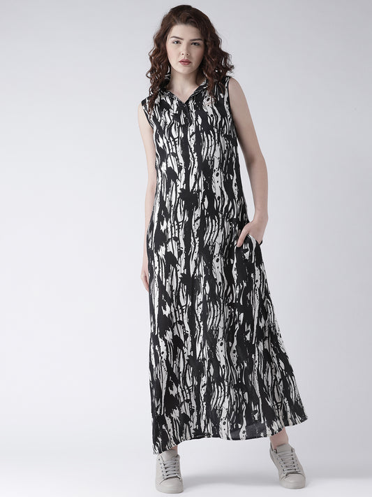 Women's Black and White Abstract Print Sleeveless Shirt Dress with Collar