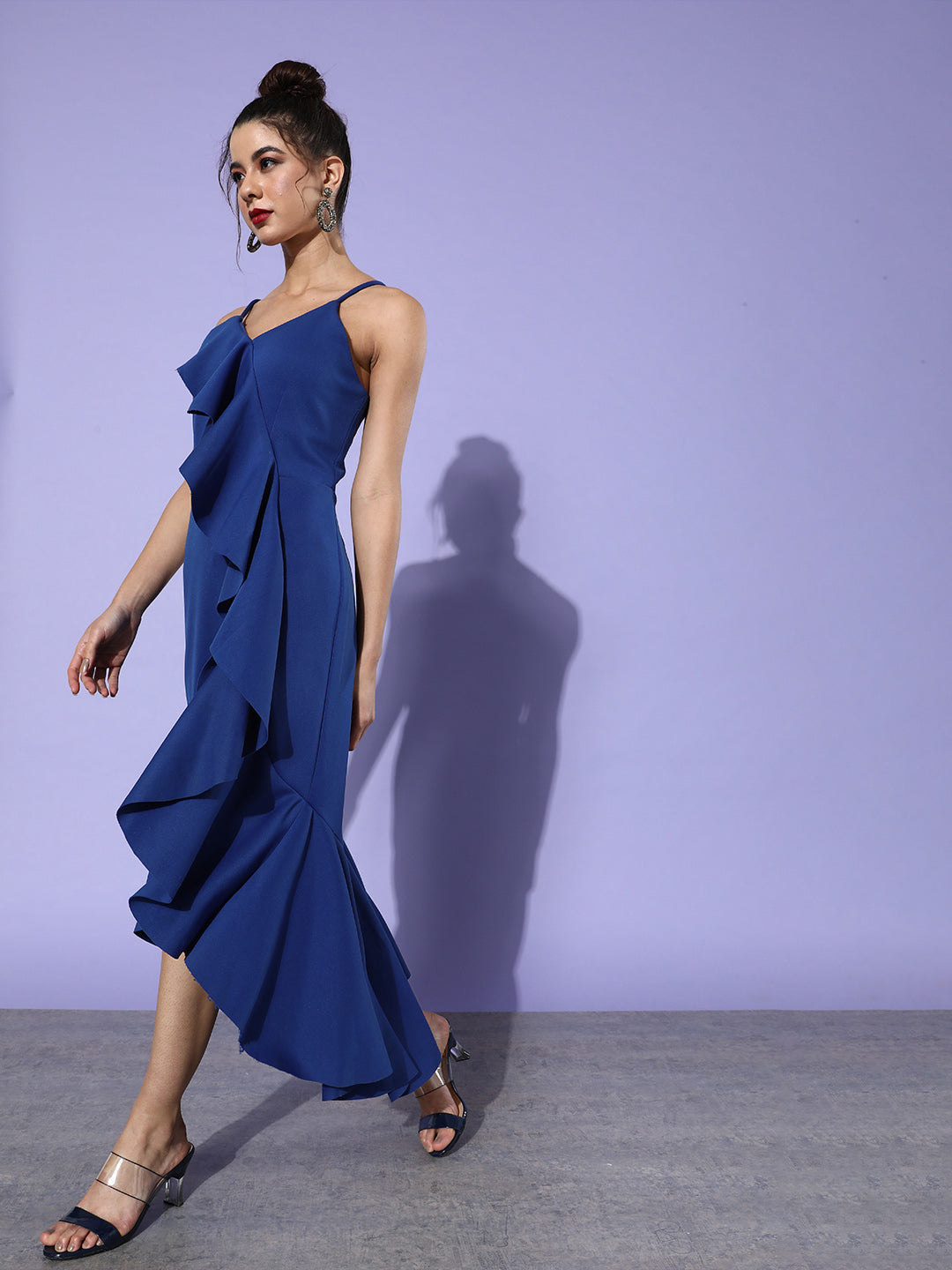 Royal Blue One-Shoulder Ruffle Midi Dress with Asymmetrical Hem for Women