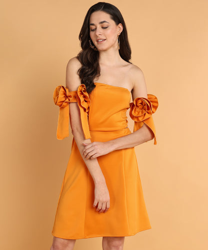 Orange Off-Shoulder Mini Dress with Floral Sleeve Bows for Women