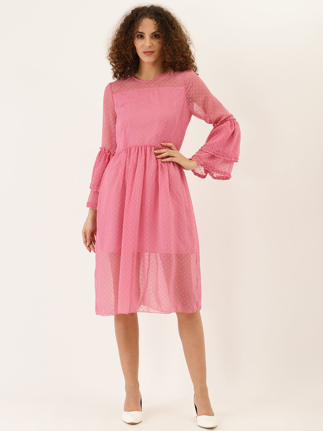 Pink Sheer Polka Dot Midi Dress for Women – Flared Sleeves & Layered Mesh Design