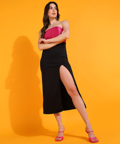 Two-Tone Strapless Dress with Thigh High Slit – Elegant Black and Pink Party Dress
