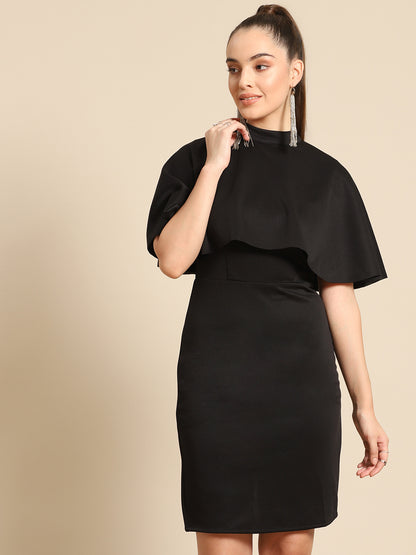 Elegant Black Bodycon Dress for Women – High Neck with Cape Sleeve