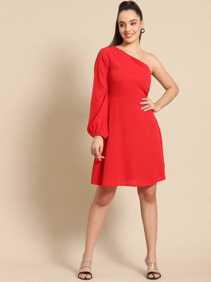 Red One Shoulder A-Line Mini Dress for Women | Stylish Casual Party Wear