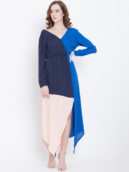 Colorblock Asymmetric Hem Maxi Dress with One Shoulder Detail