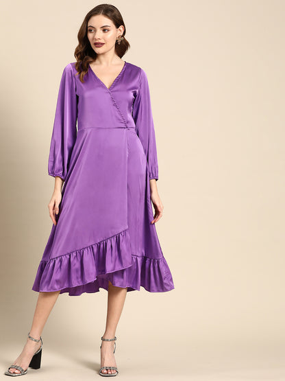 Purple Satin V-Neck Flounce Hem Midi Dress with Puff Sleeves