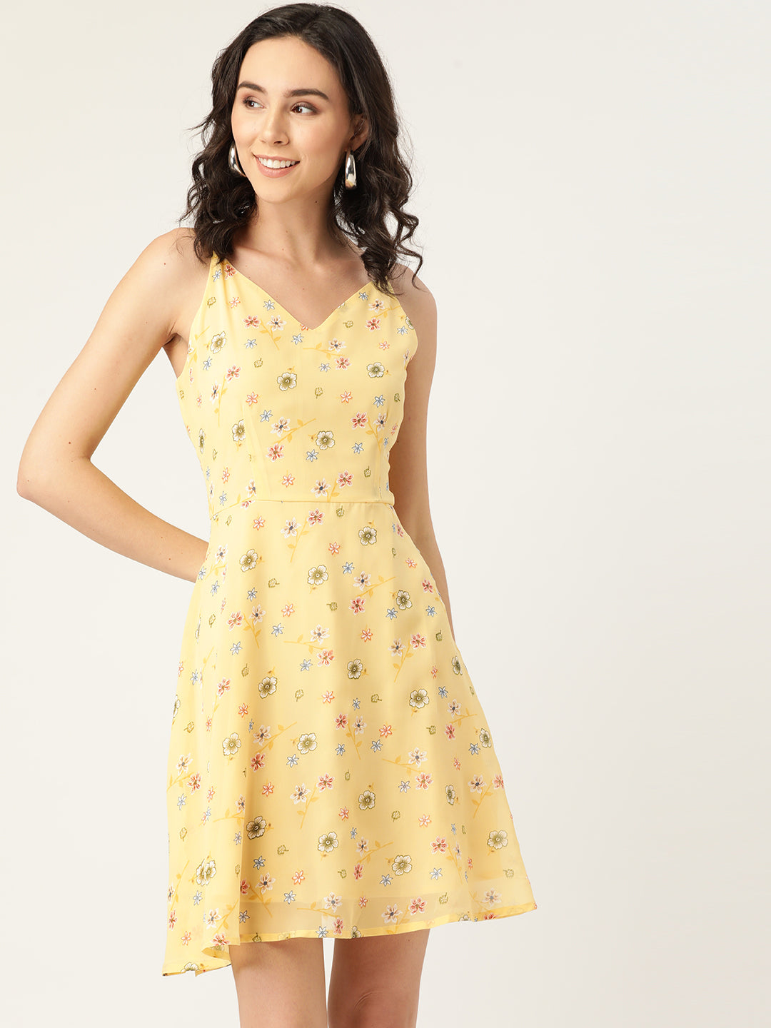 Yellow Floral Print Sleeveless A-Line Dress