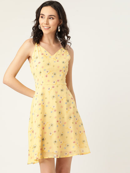 Yellow Floral Print Sleeveless A-Line Dress