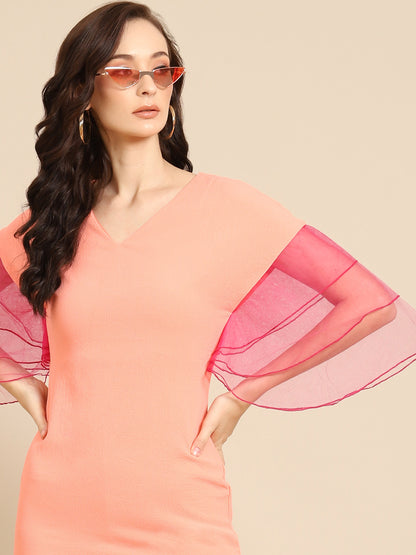 Peach Mini Dress with Pink Organza Ruffle Sleeves – Elegant & Trendy Casual Wear for Women