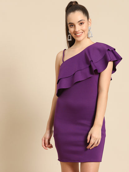 Stylish Purple One Shoulder Ruffle Bodycon Dress for Women – Party & Evening Wear