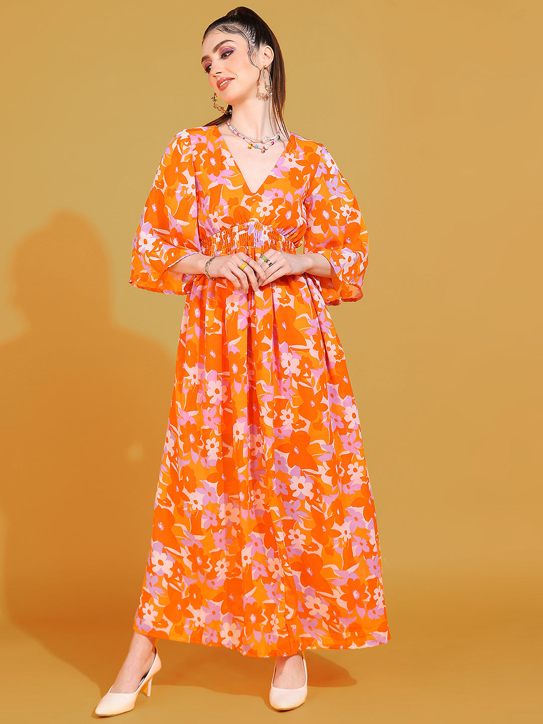 Women's Orange Floral Print Maxi Dress with V-Neck and Flared Sleeves